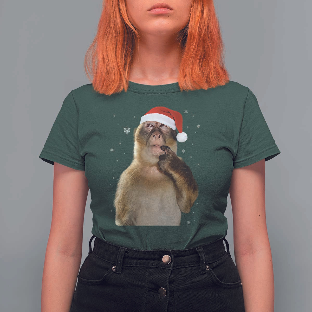 Christmas Thinking Monkey Meme Humor Brainrot T Shirt For Women - Wonder Print Shop