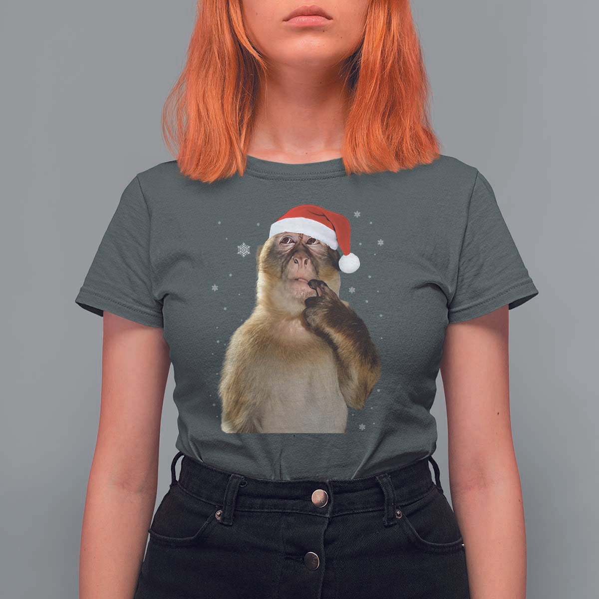 Christmas Thinking Monkey Meme Humor Brainrot T Shirt For Women - Wonder Print Shop