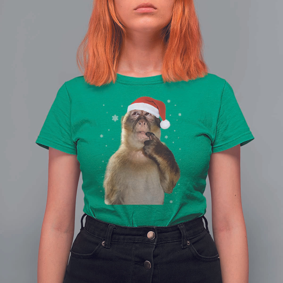 Christmas Thinking Monkey Meme Humor Brainrot T Shirt For Women - Wonder Print Shop