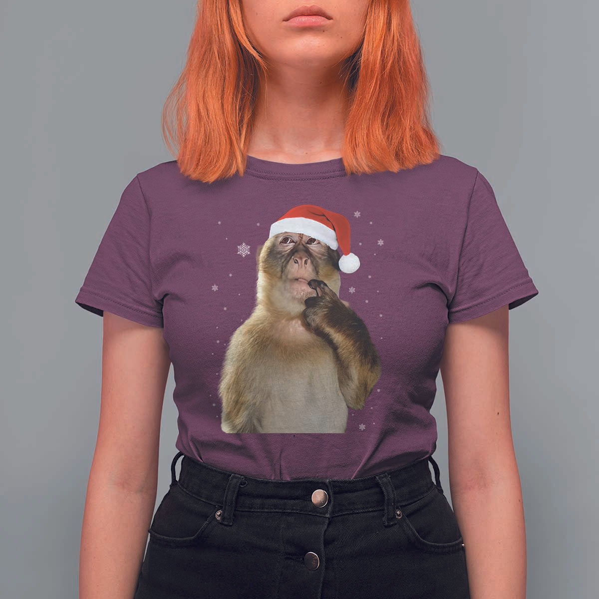 Christmas Thinking Monkey Meme Humor Brainrot T Shirt For Women - Wonder Print Shop