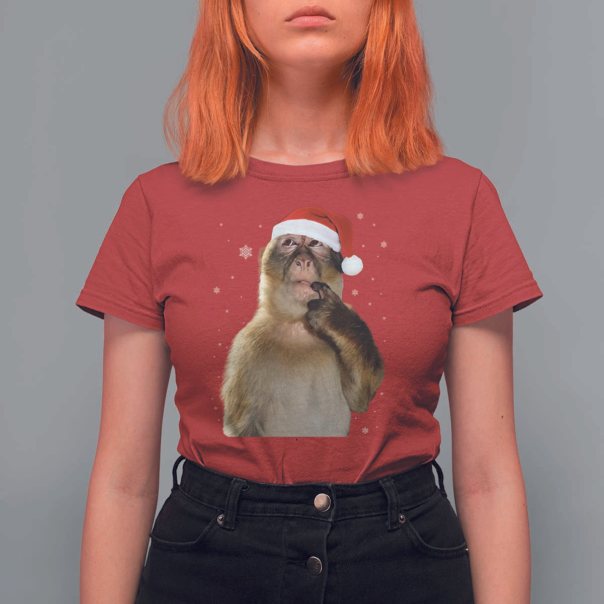 Christmas Thinking Monkey Meme Humor Brainrot T Shirt For Women - Wonder Print Shop