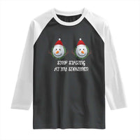 Funny Christmas Adult Humor Raglan Shirt Stop Staring At My Snowmen Boobs Xmas Embarrassing - Wonder Print Shop