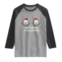 Funny Christmas Adult Humor Raglan Shirt Stop Staring At My Snowmen Boobs Xmas Embarrassing - Wonder Print Shop