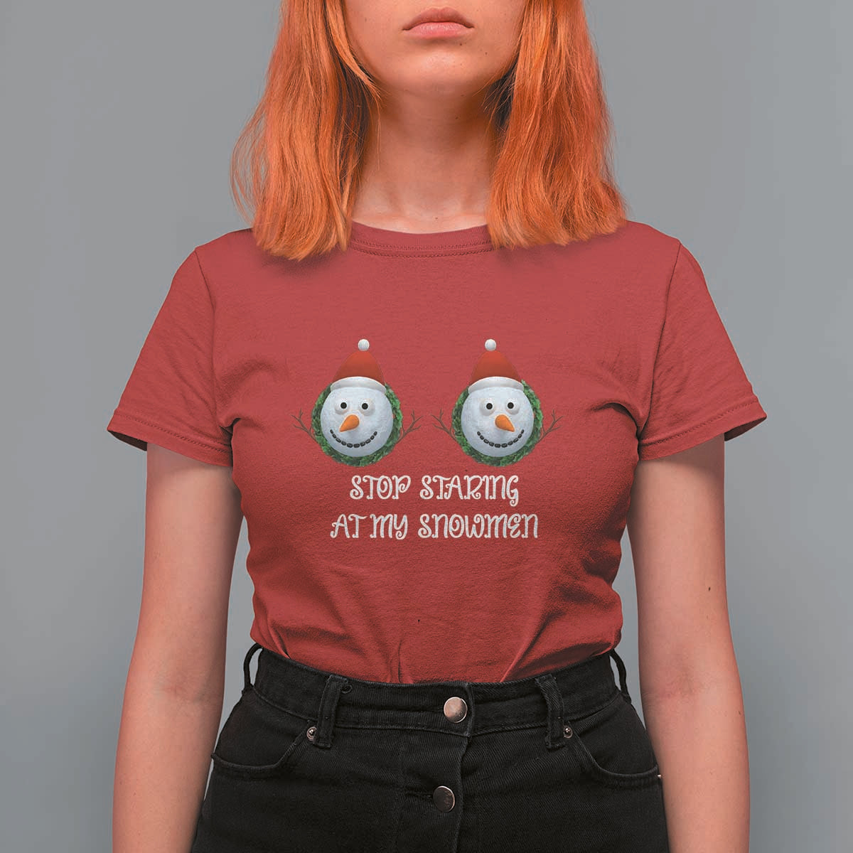 Funny Christmas Adult Humor T Shirt For Women Stop Staring At My Snowmen Boobs Xmas Embarrassing - Wonder Print Shop