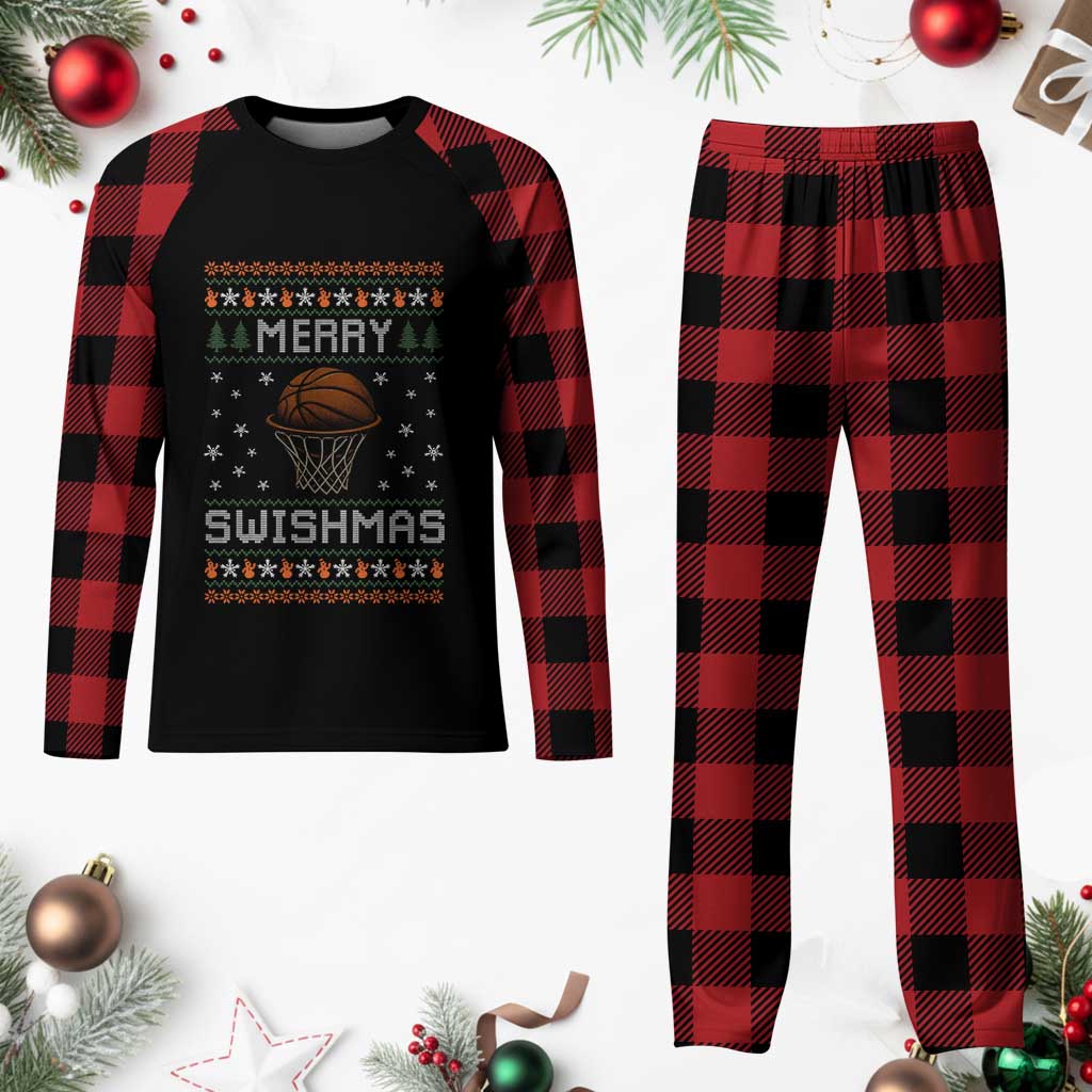 Funny Christmas Basketball Plaid Pajama Set Merry Swishmas Ugly Xmas Swish Technique - Wonder Print Shop
