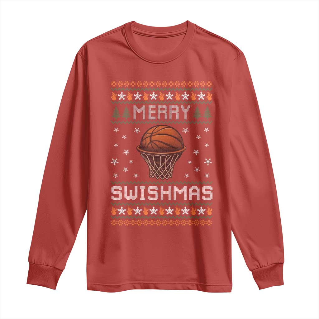 Funny Christmas Basketball Long Sleeve Shirt Merry Swishmas Ugly Xmas Swish Technique - Wonder Print Shop
