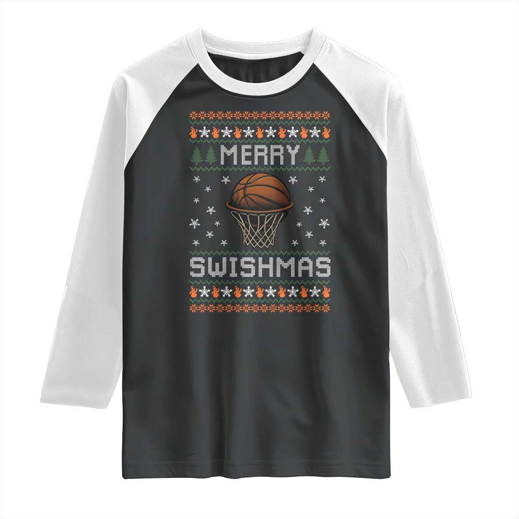 Funny Christmas Basketball Raglan Shirt Merry Swishmas Ugly Xmas Swish Technique - Wonder Print Shop