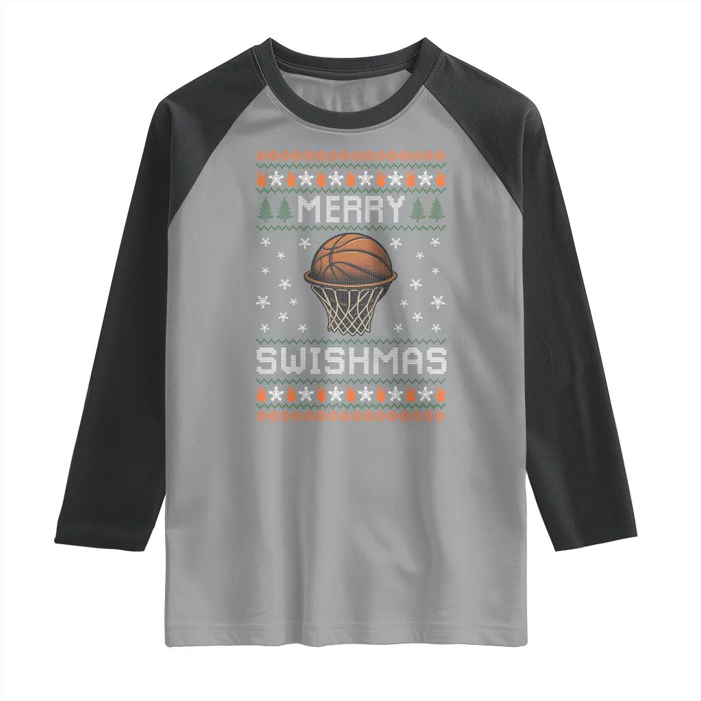 Funny Christmas Basketball Raglan Shirt Merry Swishmas Ugly Xmas Swish Technique - Wonder Print Shop