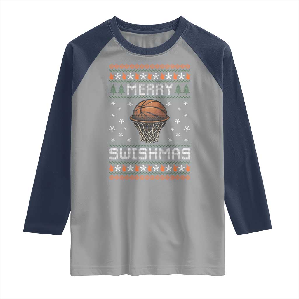 Funny Christmas Basketball Raglan Shirt Merry Swishmas Ugly Xmas Swish Technique - Wonder Print Shop