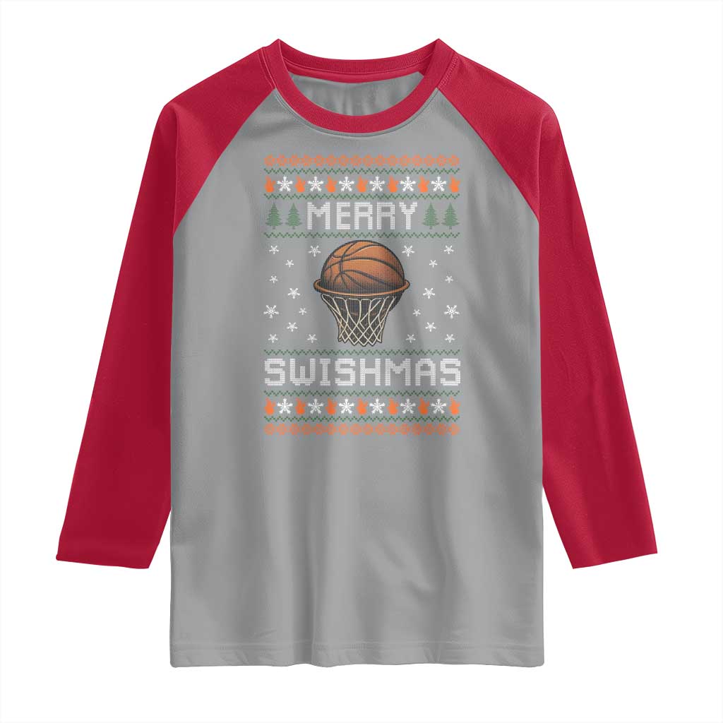 Funny Christmas Basketball Raglan Shirt Merry Swishmas Ugly Xmas Swish Technique - Wonder Print Shop