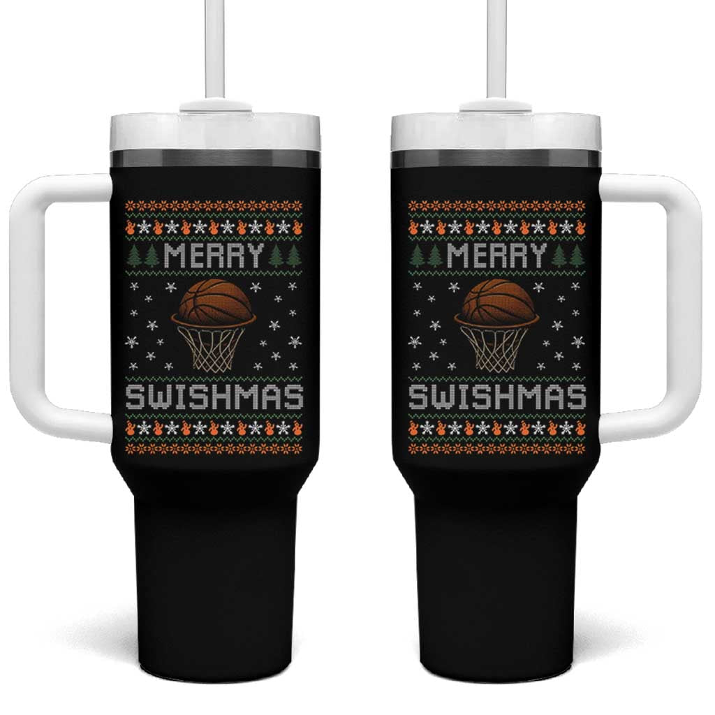 Funny Christmas Basketball Tumbler With Handle Merry Swishmas Ugly Xmas Swish Technique - Wonder Print Shop