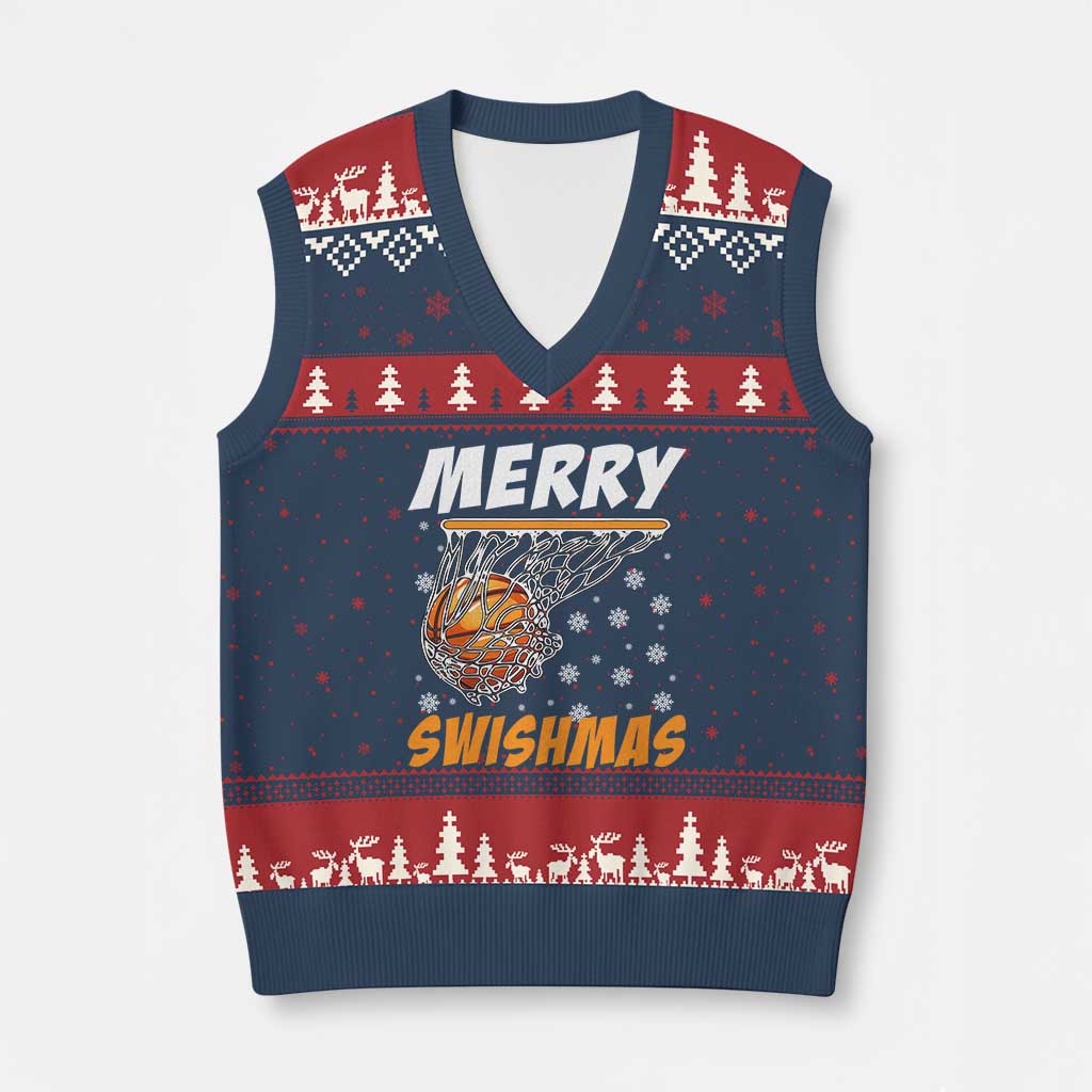Funny Xmas Basketball V-Neck Knit Sweater Vest Merry Swishmas Xmas Swish Technique - Wonder Print Shop