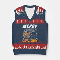 Funny Xmas Basketball V-Neck Knit Sweater Vest Merry Swishmas Xmas Swish Technique - Wonder Print Shop