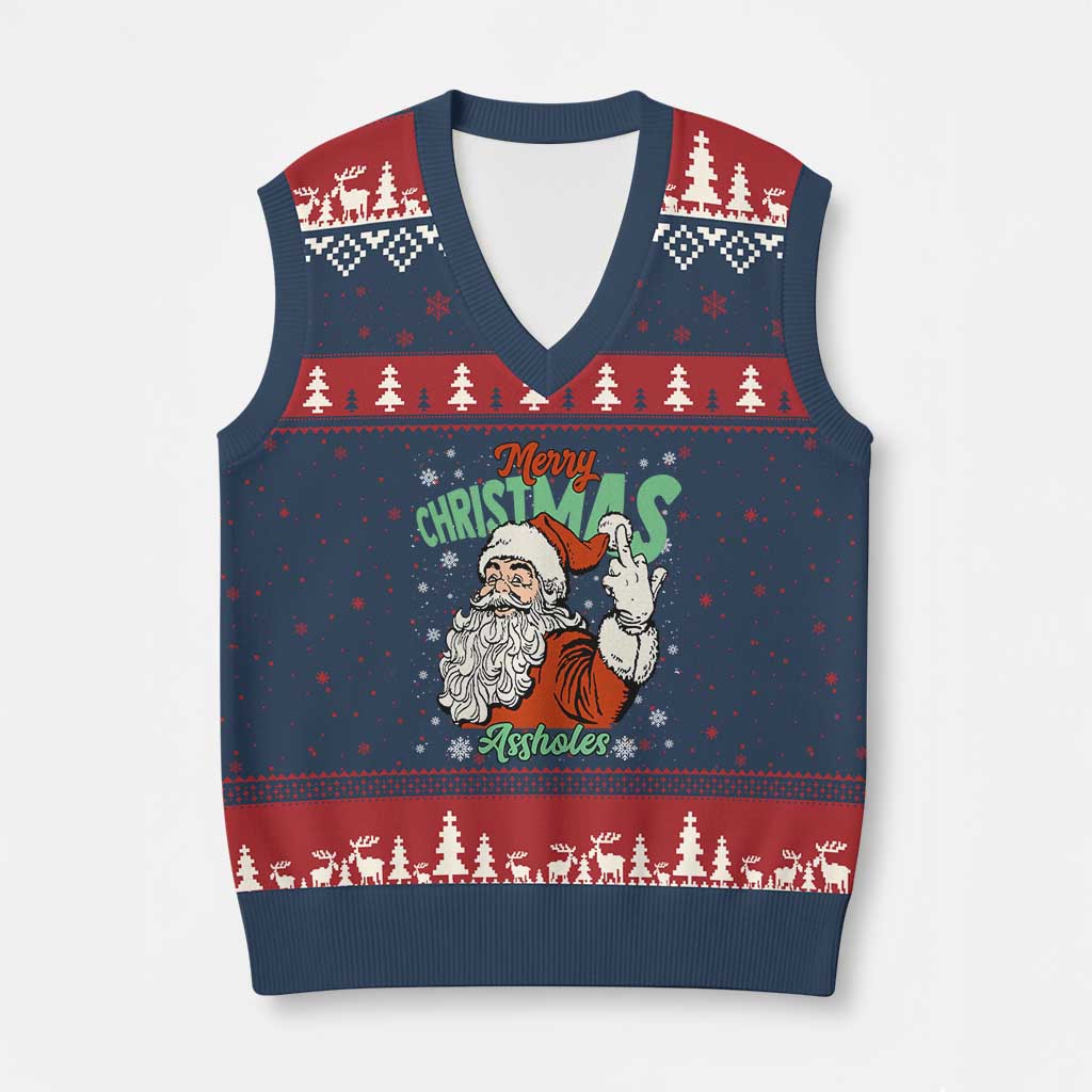 Funny Merry Christmas Assholes V-Neck Knit Sweater Vest Xmas Naughty Santa Adult Jokes - Wonder Print Shop