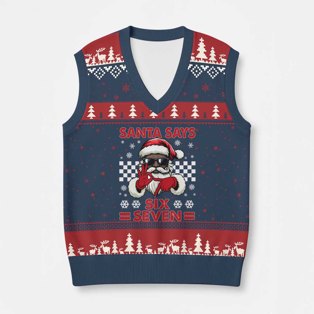 67 African American Santa Xmas V-Neck Knit Sweater Vest Funny Santa Says Six Seven Meme Gen Alpha Slang - Wonder Print Shop