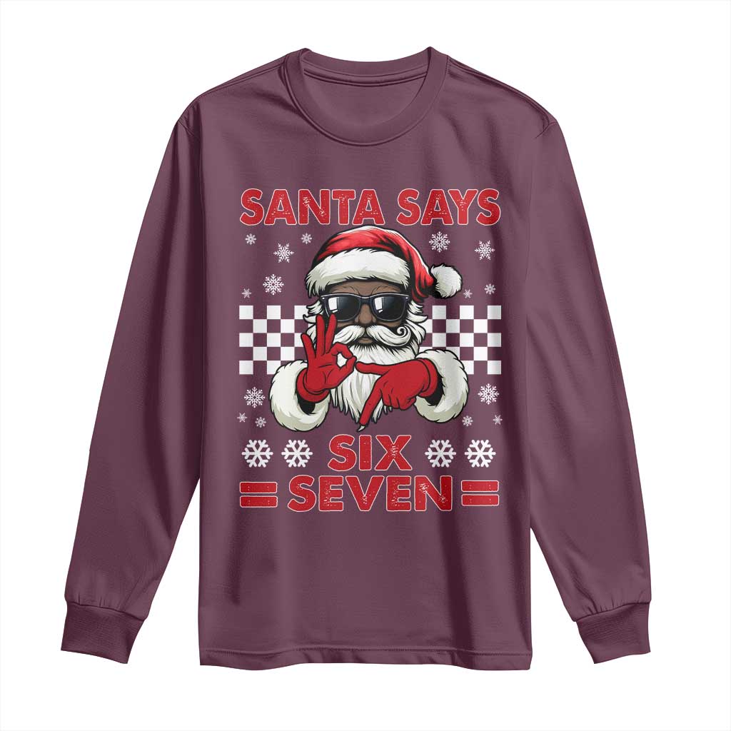 67 African American Santa Christmas Long Sleeve Shirt Funny Santa Says Six Seven Meme Gen Alpha Slang - Wonder Print Shop