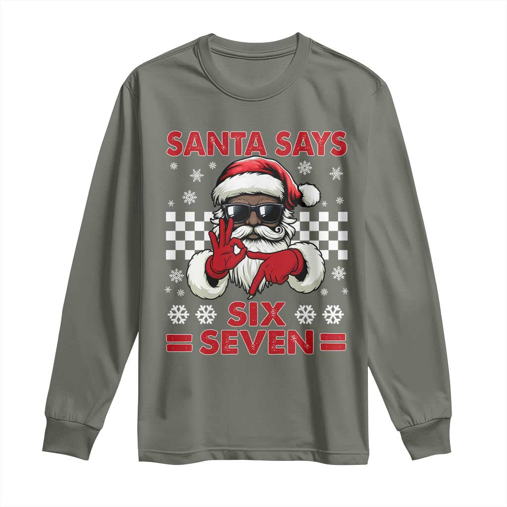 67 African American Santa Christmas Long Sleeve Shirt Funny Santa Says Six Seven Meme Gen Alpha Slang - Wonder Print Shop