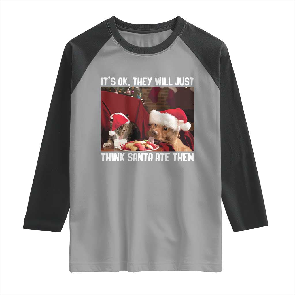 Funny Christmas Dog And Cat Raglan Shirt It's Ok They Will Just Think Santa Ate Them - Wonder Print Shop