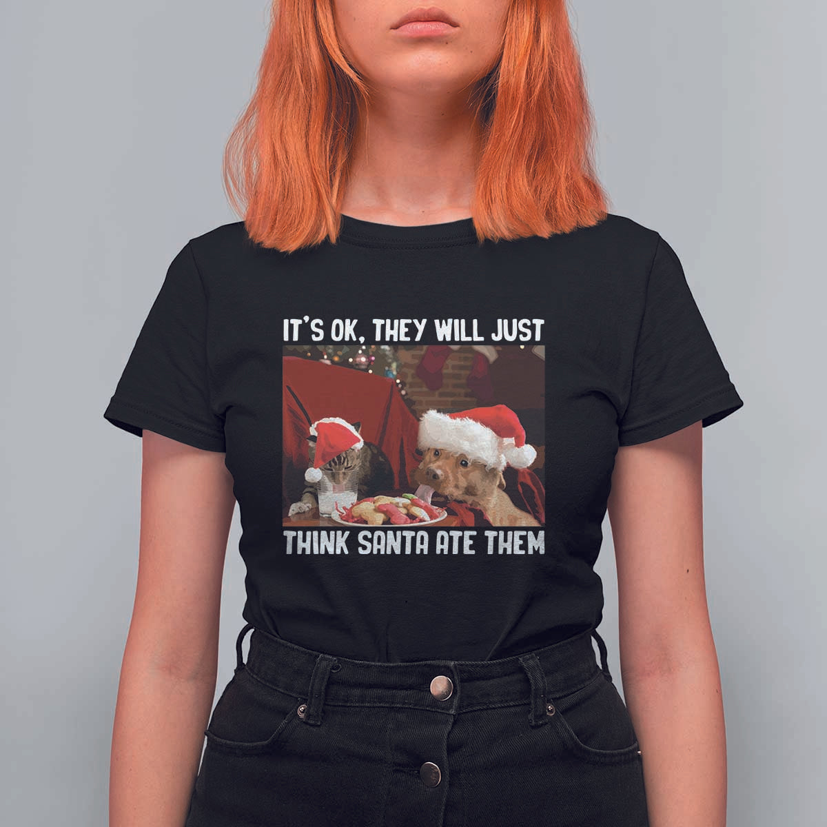 Funny Christmas Dog And Cat T Shirt For Women It's Ok They Will Just Think Santa Ate Them - Wonder Print Shop