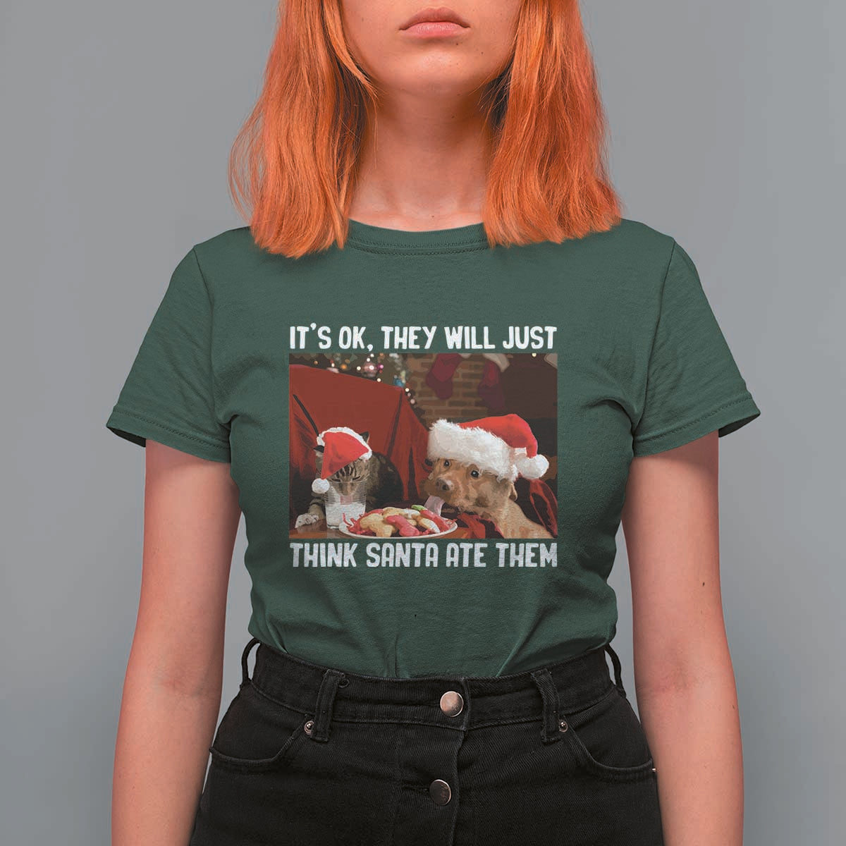 Funny Christmas Dog And Cat T Shirt For Women It's Ok They Will Just Think Santa Ate Them - Wonder Print Shop