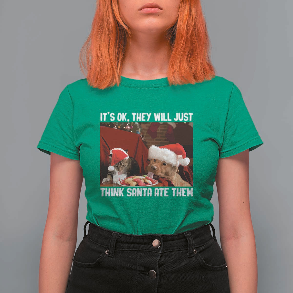 Funny Christmas Dog And Cat T Shirt For Women It's Ok They Will Just Think Santa Ate Them - Wonder Print Shop
