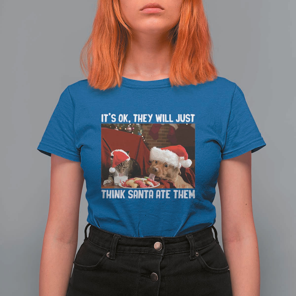 Funny Christmas Dog And Cat T Shirt For Women It's Ok They Will Just Think Santa Ate Them - Wonder Print Shop
