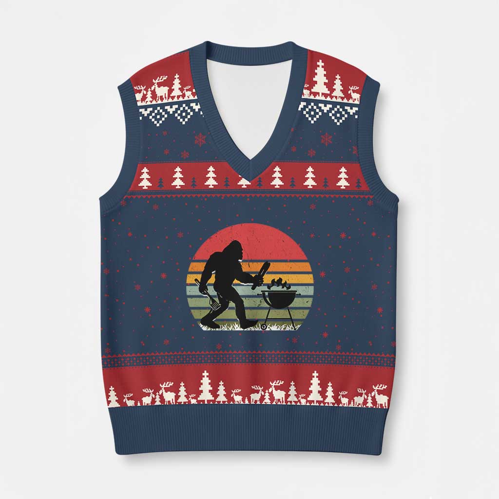 Funny Retro Bigfoot Grilling BBQ Chef V-Neck Knit Sweater Vest - Wonder Print Shop