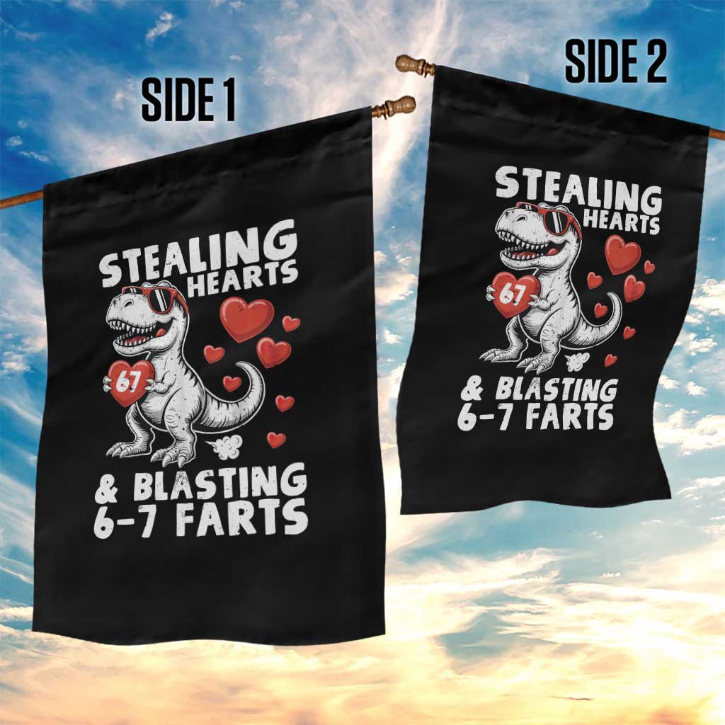 Funny 67 Meme Valentines Day Dinosaur Garden Flag Stealing Hearts And Blasting 67 Farts