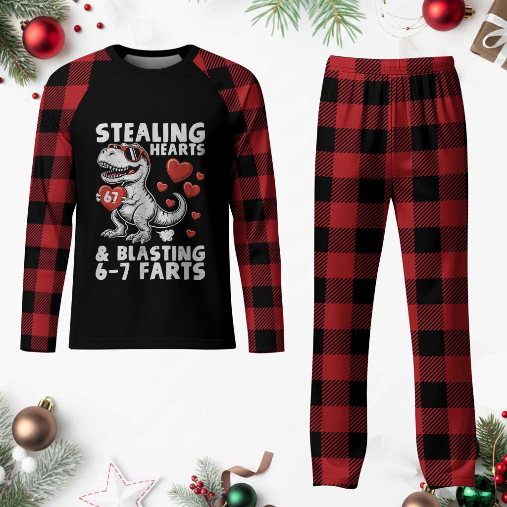 Funny 67 Meme Valentines Day Dinosaur Plaid Pajama Set Stealing Hearts And Blasting 67 Farts