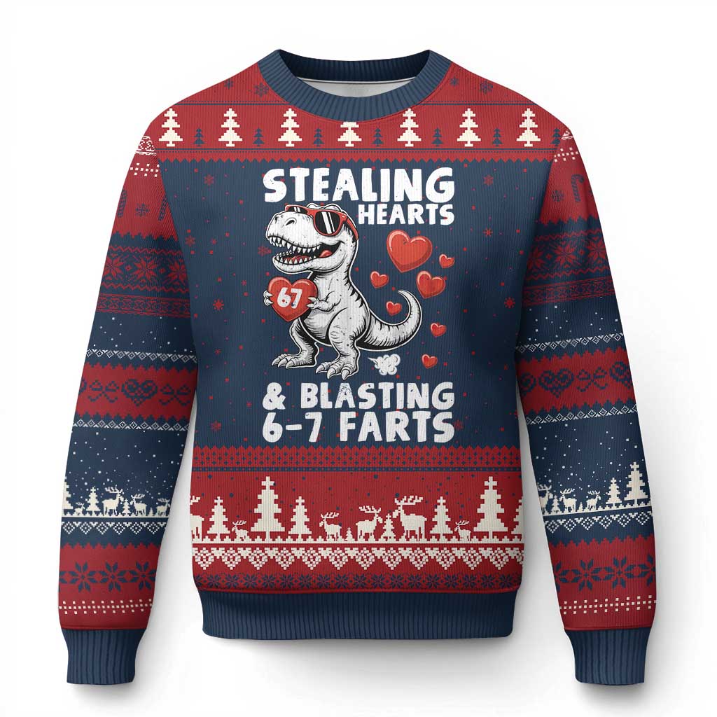 Funny 67 Meme Valentines Day Dinosaur Ugly Christmas Sweater Stealing Hearts And Blasting 67 Farts