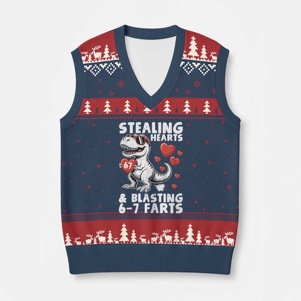 Funny 67 Meme Valentines Day Dinosaur V-Neck Knit Sweater Vest Stealing Hearts And Blasting 67 Farts