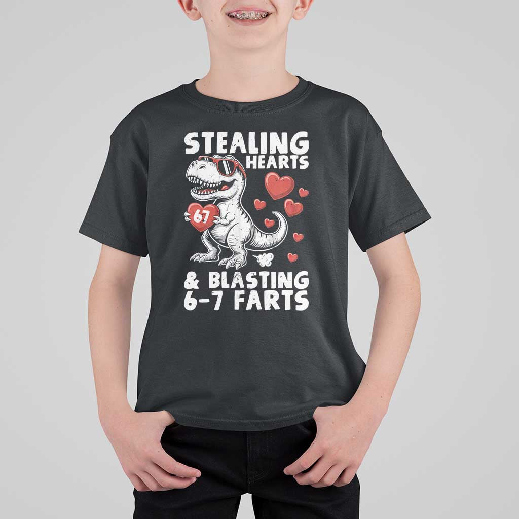 Funny 67 Meme Valentines Day Dinosaur T Shirt For Kid Stealing Hearts And Blasting 67 Farts