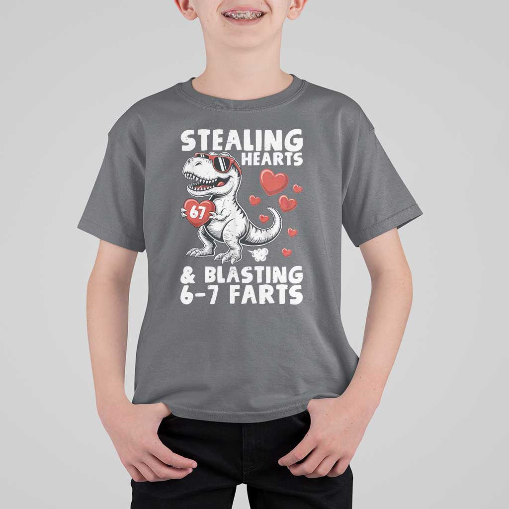 Funny 67 Meme Valentines Day Dinosaur T Shirt For Kid Stealing Hearts And Blasting 67 Farts
