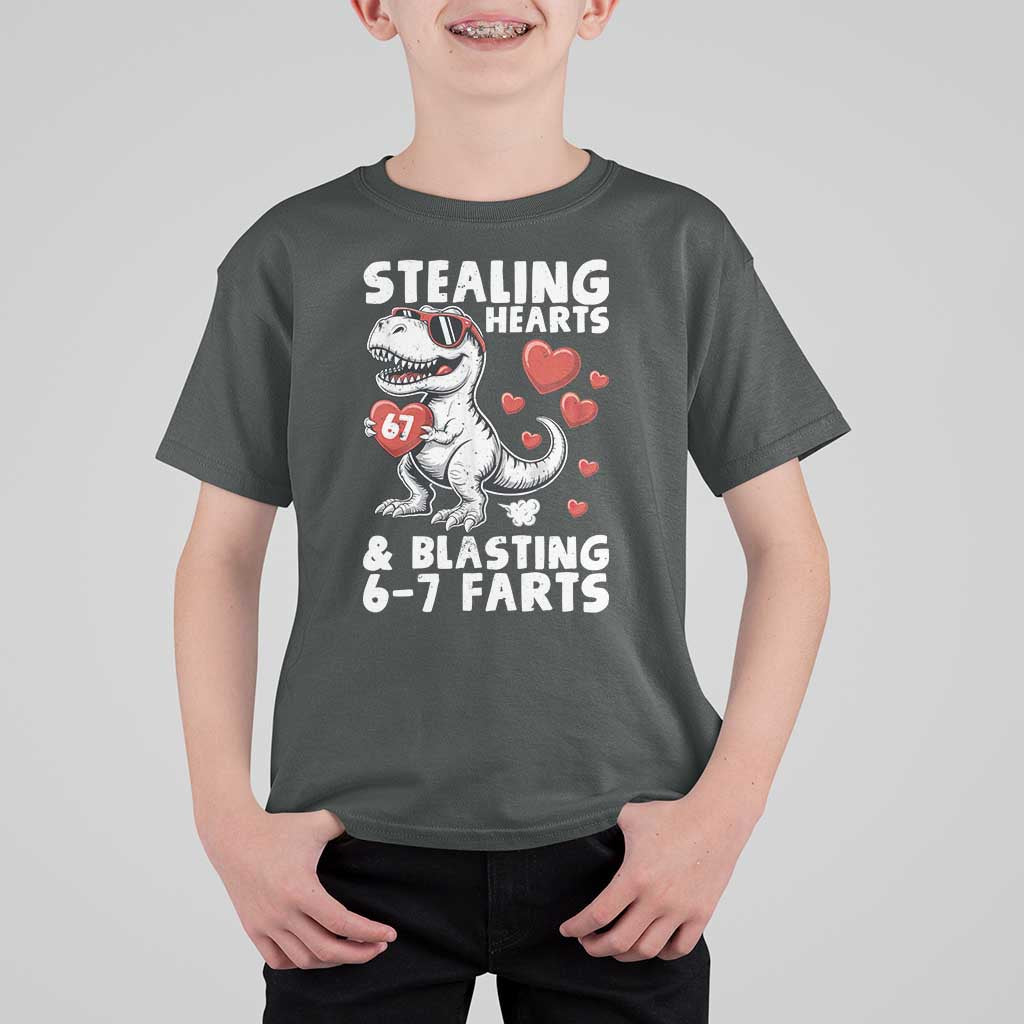 Funny 67 Meme Valentines Day Dinosaur T Shirt For Kid Stealing Hearts And Blasting 67 Farts
