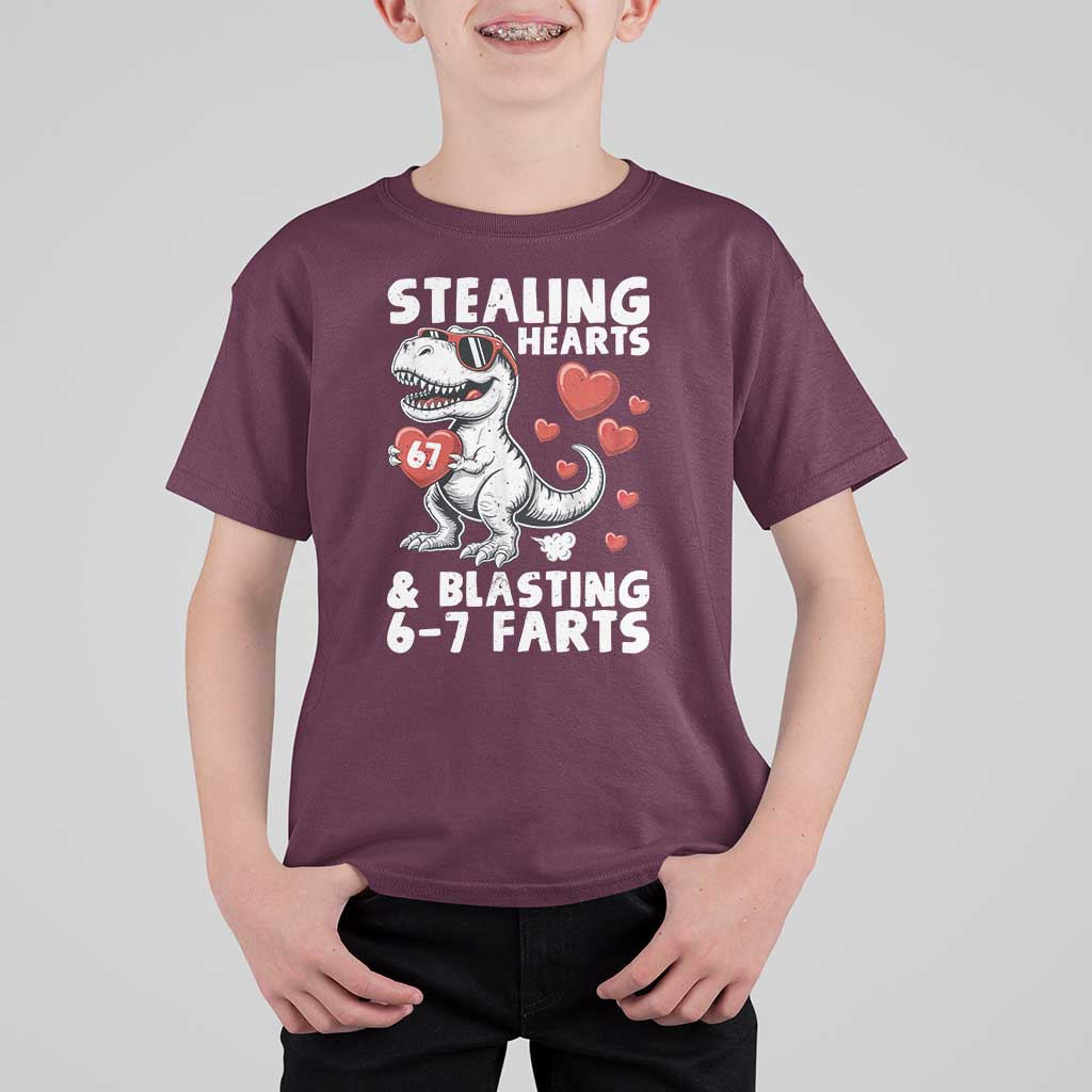 Funny 67 Meme Valentines Day Dinosaur T Shirt For Kid Stealing Hearts And Blasting 67 Farts