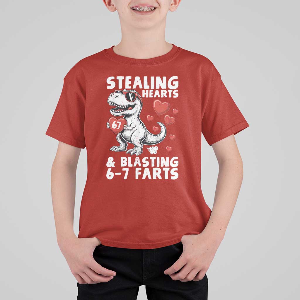Funny 67 Meme Valentines Day Dinosaur T Shirt For Kid Stealing Hearts And Blasting 67 Farts