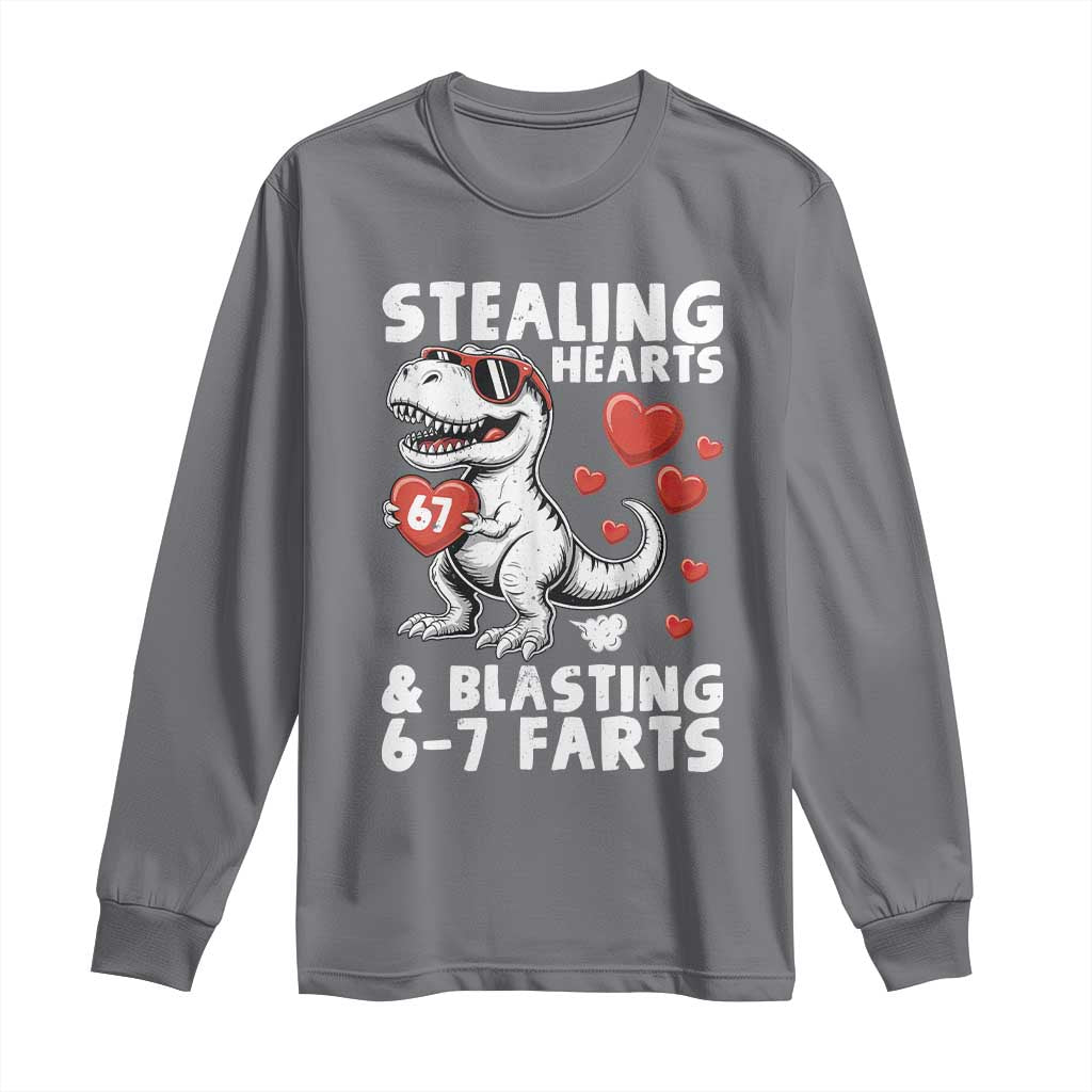 Funny 67 Meme Valentines Day Dinosaur Long Sleeve Shirt Stealing Hearts And Blasting 67 Farts