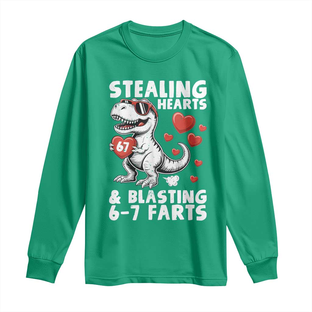 Funny 67 Meme Valentines Day Dinosaur Long Sleeve Shirt Stealing Hearts And Blasting 67 Farts