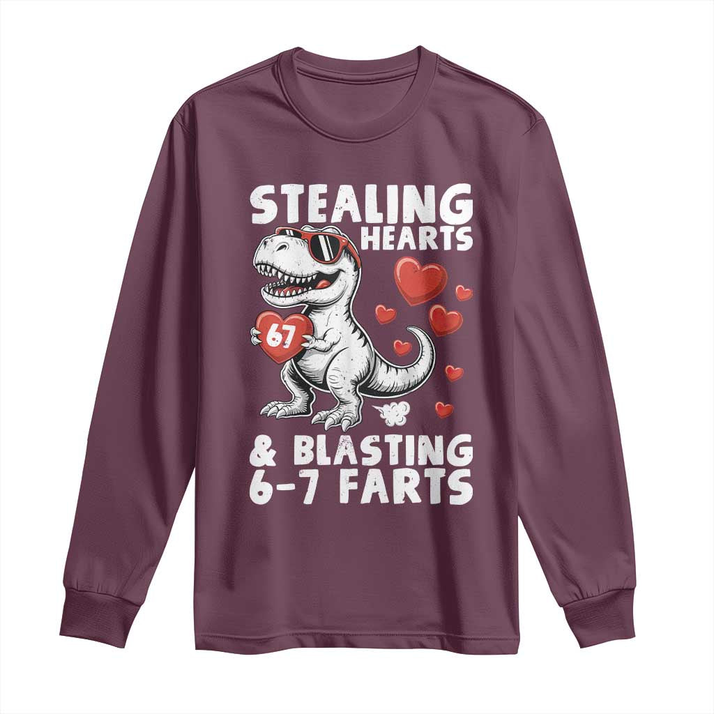 Funny 67 Meme Valentines Day Dinosaur Long Sleeve Shirt Stealing Hearts And Blasting 67 Farts
