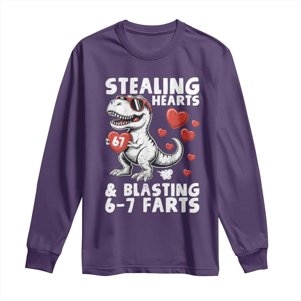Funny 67 Meme Valentines Day Dinosaur Long Sleeve Shirt Stealing Hearts And Blasting 67 Farts
