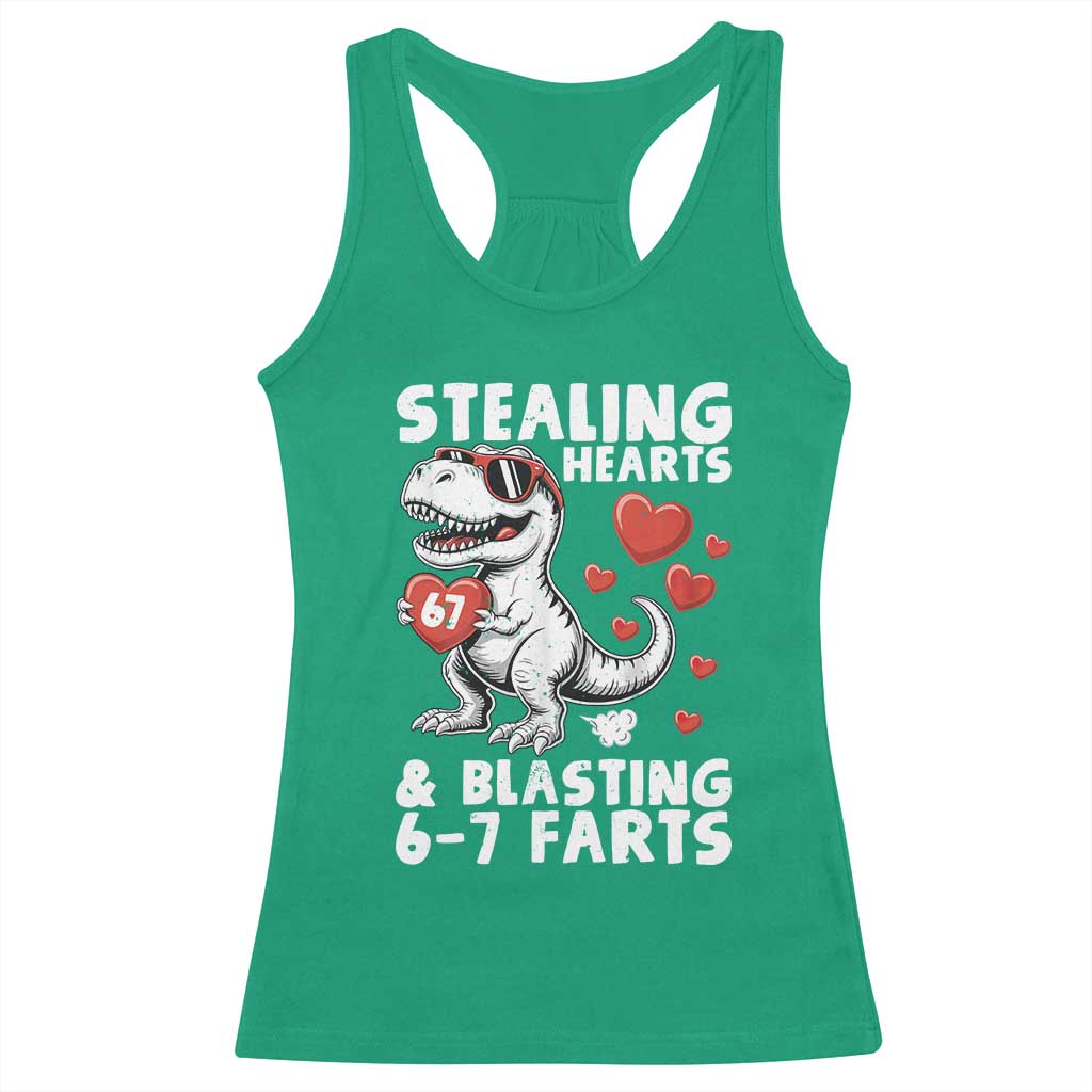 Funny 67 Meme Valentines Day Dinosaur Racerback Tank Top Stealing Hearts And Blasting 67 Farts