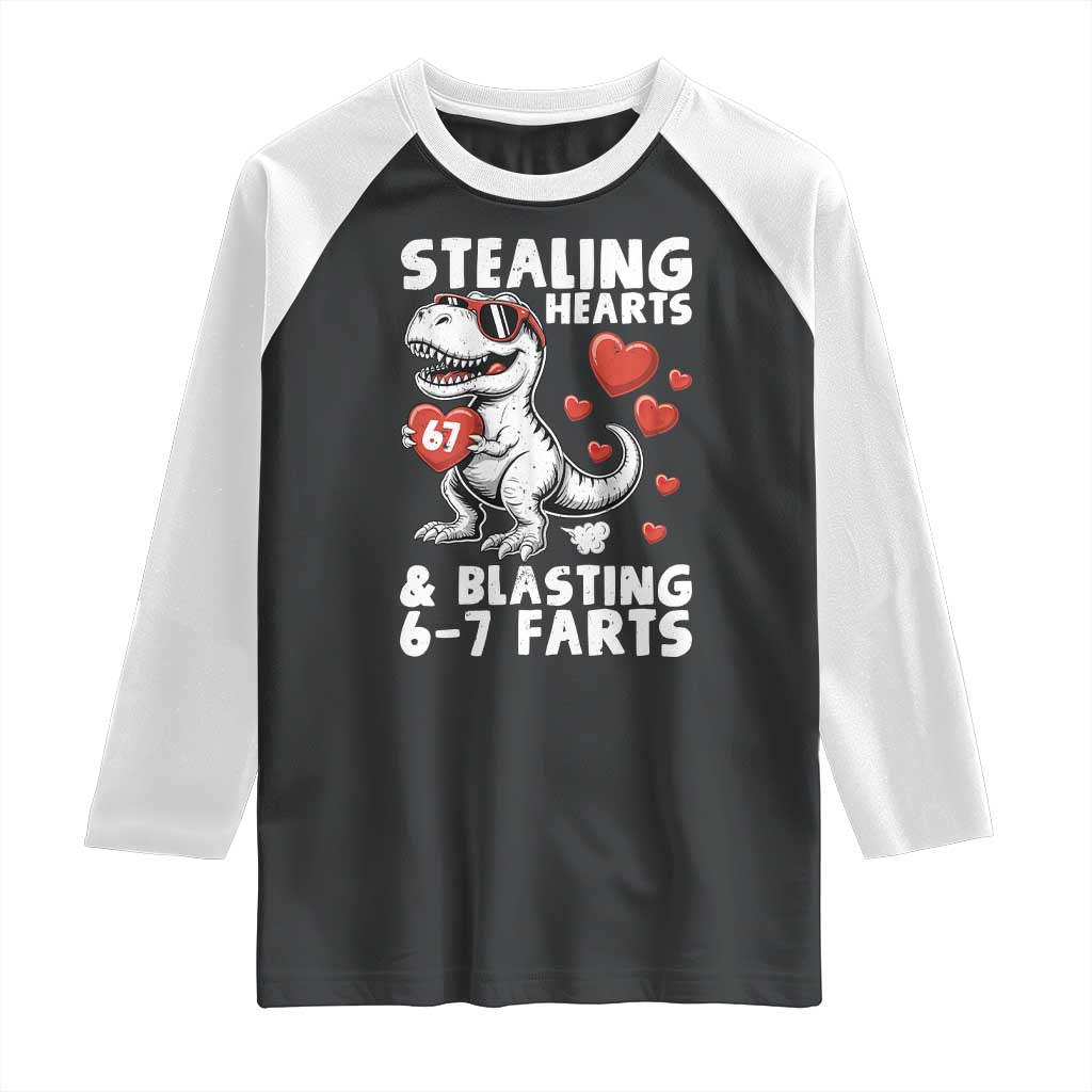 Funny 67 Meme Valentines Day Dinosaur Raglan Shirt Stealing Hearts And Blasting 67 Farts