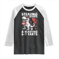Funny 67 Meme Valentines Day Dinosaur Raglan Shirt Stealing Hearts And Blasting 67 Farts