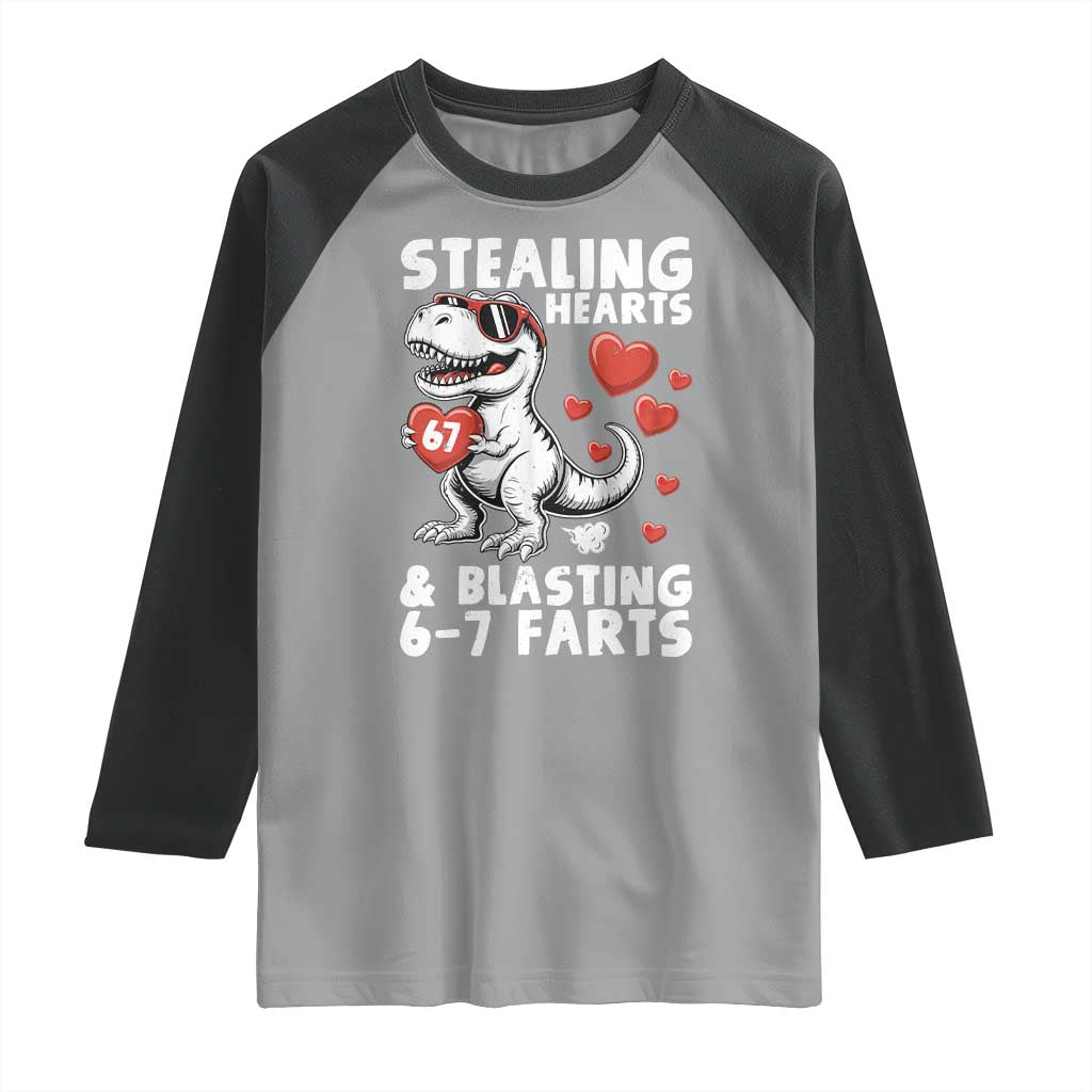 Funny 67 Meme Valentines Day Dinosaur Raglan Shirt Stealing Hearts And Blasting 67 Farts