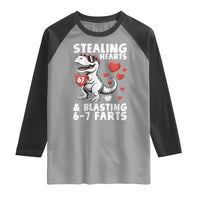 Funny 67 Meme Valentines Day Dinosaur Raglan Shirt Stealing Hearts And Blasting 67 Farts