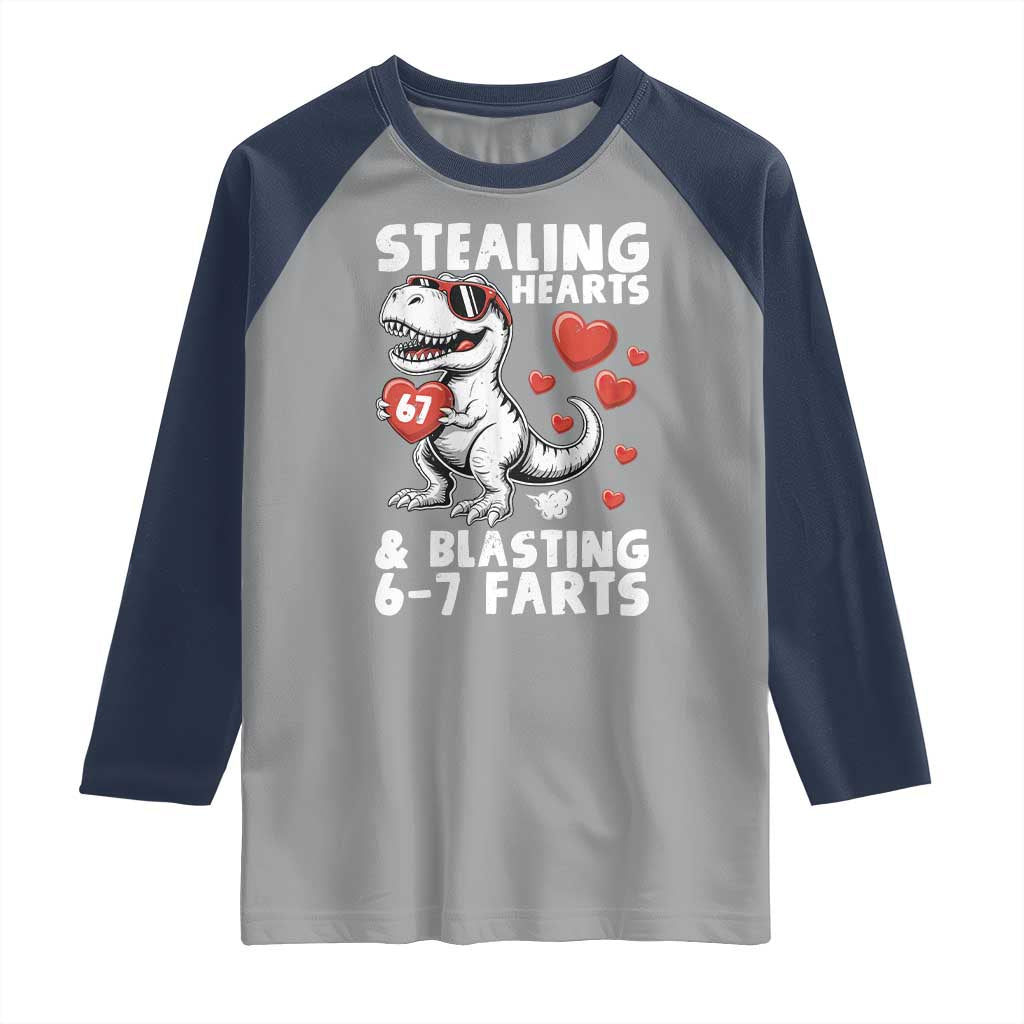 Funny 67 Meme Valentines Day Dinosaur Raglan Shirt Stealing Hearts And Blasting 67 Farts