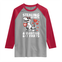 Funny 67 Meme Valentines Day Dinosaur Raglan Shirt Stealing Hearts And Blasting 67 Farts