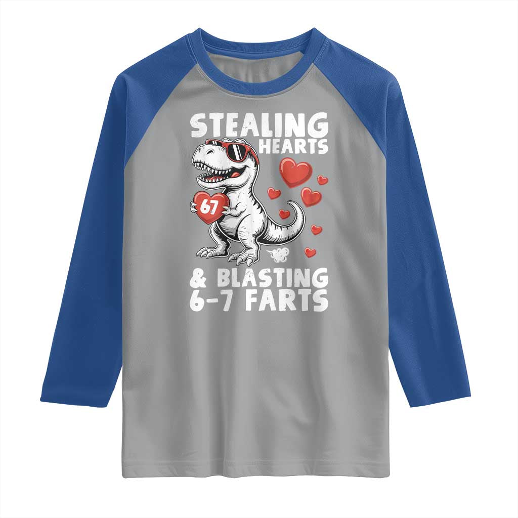 Funny 67 Meme Valentines Day Dinosaur Raglan Shirt Stealing Hearts And Blasting 67 Farts