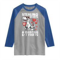 Funny 67 Meme Valentines Day Dinosaur Raglan Shirt Stealing Hearts And Blasting 67 Farts