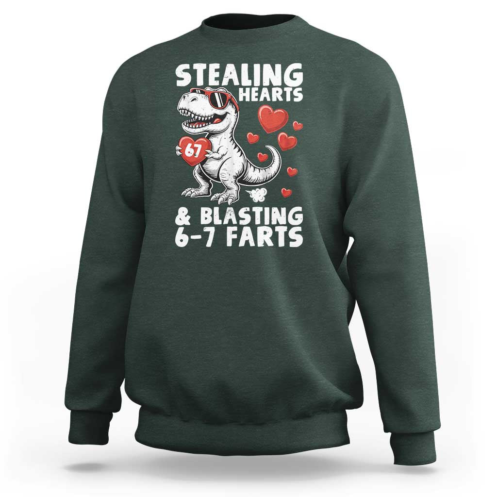 Funny 67 Meme Valentines Day Dinosaur Sweatshirt Stealing Hearts And Blasting 67 Farts